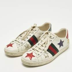 Pre Owned Gucci Ace Web Size 37 White Leather Star Low Top Sneakers