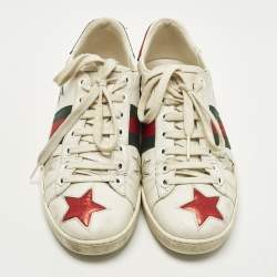Pre Owned Gucci Ace Web Size 37 White Leather Star Low Top Sneakers