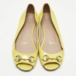 Pre Owned Gucci Horsebit Size 36.5 Yellow Patent Leather Peep Toe Ballet Flats