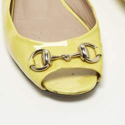 Pre Owned Gucci Horsebit Size 36.5 Yellow Patent Leather Peep Toe Ballet Flats