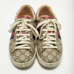 Pre Owned Gucci Ace Web Size 38.5 Beige/Brown GG Coated Canvas and Python Embossed Lace Up Sneakers