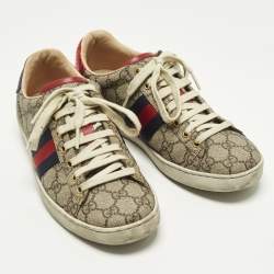 Pre Owned Gucci Ace Web Size 38.5 Beige/Brown GG Coated Canvas and Python Embossed Lace Up Sneakers