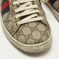 Pre Owned Gucci Ace Web Size 38.5 Beige/Brown GG Coated Canvas and Python Embossed Lace Up Sneakers