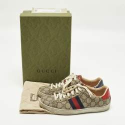 Pre Owned Gucci Ace Web Size 38.5 Beige/Brown GG Coated Canvas and Python Embossed Lace Up Sneakers