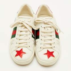 Pre Owned Gucci Ace Web Size 35.5 White Leather Metallic Stars Low Top Sneakers