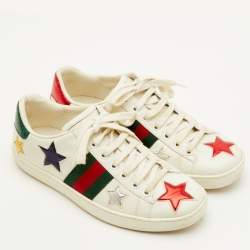 Pre Owned Gucci Ace Web Size 35.5 White Leather Metallic Stars Low Top Sneakers