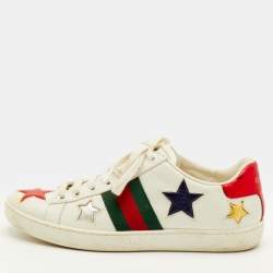 Pre Owned Gucci Ace Web Size 35.5 White Leather Metallic Stars Low Top Sneakers