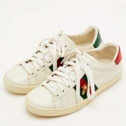 Pre Owned Gucci Ace Web Size 36 White Leather Bee Embroidered Low Top Sneakers