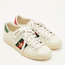 Pre Owned Gucci Ace Web Size 36 White Leather Bee Embroidered Low Top Sneakers