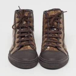 Pre Owned Gucci Trim California Size 37 Dark Brown/Beige Coated Canvas and Leather High Top Sneakers