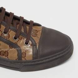 Pre Owned Gucci Trim California Size 37 Dark Brown/Beige Coated Canvas and Leather High Top Sneakers