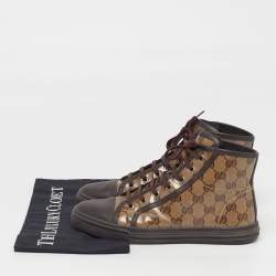 Pre Owned Gucci Trim California Size 37 Dark Brown/Beige Coated Canvas and Leather High Top Sneakers