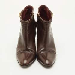 Pre Owned Gucci Size 38.5 Dark Brown Leather Buckle Detail Ankle Length Boots
