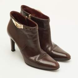 Pre Owned Gucci Size 38.5 Dark Brown Leather Buckle Detail Ankle Length Boots