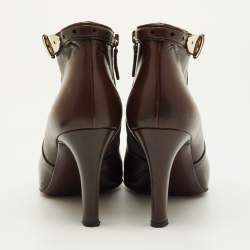 Pre Owned Gucci Size 38.5 Dark Brown Leather Buckle Detail Ankle Length Boots