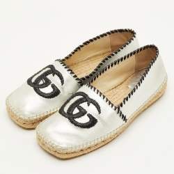 Pre Owned Gucci GG Raffia Size 37 Silver Metallic Leather Slip On Espadrille Loafers