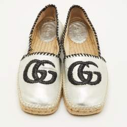 Pre Owned Gucci GG Raffia Size 37 Silver Metallic Leather Slip On Espadrille Loafers