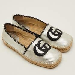 Pre Owned Gucci GG Raffia Size 37 Silver Metallic Leather Slip On Espadrille Loafers