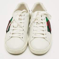 Pre Owned Gucci Ace Size 37 White Leather Python Embossed Web Crystal Lips Lace Up Sneakers