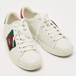 Pre Owned Gucci Ace Size 37 White Leather Python Embossed Web Crystal Lips Lace Up Sneakers