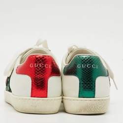 Pre Owned Gucci Ace Size 37 White Leather Python Embossed Web Crystal Lips Lace Up Sneakers