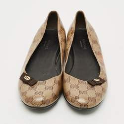 Pre Owned Gucci Hysteria Size 38 Brown Coated Canvas Ballet Flats