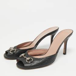 Pre Owned Gucci Horsebit Size 38.5 Black Leather Slide Sandals