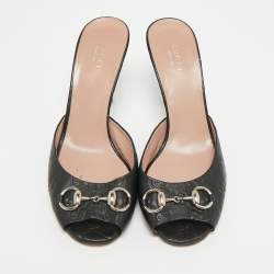 Pre Owned Gucci Horsebit Size 38.5 Black Leather Slide Sandals