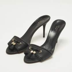 Pre Owned Gucci Fringe Size 38.5 Black Leather Slide Sandals