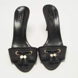 Pre Owned Gucci Fringe Size 38.5 Black Leather Slide Sandals