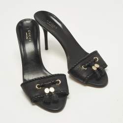 Pre Owned Gucci Fringe Size 38.5 Black Leather Slide Sandals