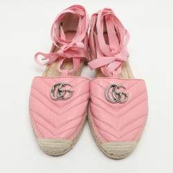 Pre Owned Gucci GG Embellished Size 40.5 Pink Leather Ankle Wrap Espadrille Flats