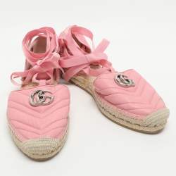 Pre Owned Gucci GG Embellished Size 40.5 Pink Leather Ankle Wrap Espadrille Flats