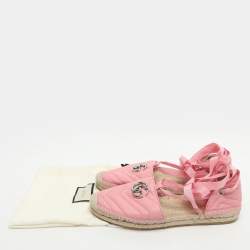 Pre Owned Gucci GG Embellished Size 40.5 Pink Leather Ankle Wrap Espadrille Flats