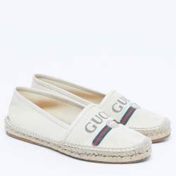 Pre Owned حذاء إسبادريل غوتشي قماش وجلد أبيض مائل للأبيض مع طباعة شعار مقاس 38.5