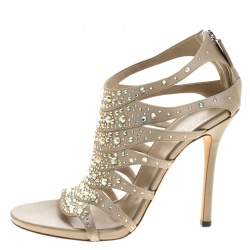 Pre Owned Gucci Beige Crystal Embellished Satin Peep Toe Cage Sandals Size 38.5
