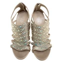 Pre Owned Gucci Beige Crystal Embellished Satin Peep Toe Cage Sandals Size 38.5