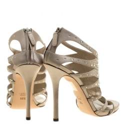 Pre Owned Gucci Beige Crystal Embellished Satin Peep Toe Cage Sandals Size 38.5