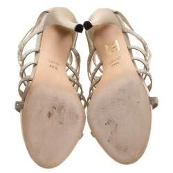 Pre Owned Gucci Beige Crystal Embellished Satin Peep Toe Cage Sandals Size 38.5