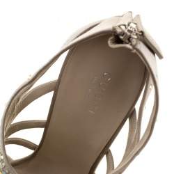 Pre Owned Gucci Beige Crystal Embellished Satin Peep Toe Cage Sandals Size 38.5