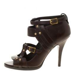 Pre Owned Gucci Cocoa Brown Leather Studded Cage Pumps Size 37