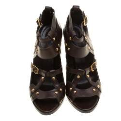 Pre Owned Gucci Cocoa Brown Leather Studded Cage Pumps Size 37