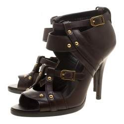 Pre Owned Gucci Cocoa Brown Leather Studded Cage Pumps Size 37