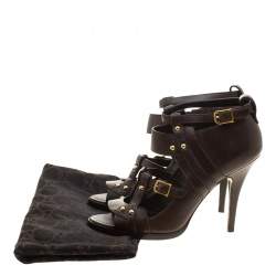 Pre Owned Gucci Cocoa Brown Leather Studded Cage Pumps Size 37