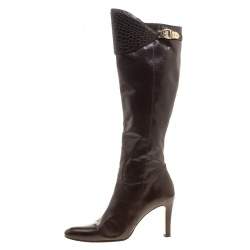 Pre Owned Gucci Brown Leather Croc Trimmed Calf Length Boots Size 39