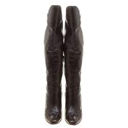 Pre Owned Gucci Brown Leather Croc Trimmed Calf Length Boots Size 39