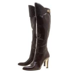 Pre Owned Gucci Brown Leather Croc Trimmed Calf Length Boots Size 39