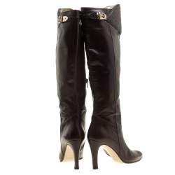 Pre Owned Gucci Brown Leather Croc Trimmed Calf Length Boots Size 39