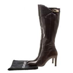 Pre Owned Gucci Brown Leather Croc Trimmed Calf Length Boots Size 39