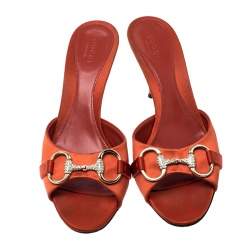Pre Owned Gucci Orange Satin Crystal Embellished Horsebit Slides Size 37